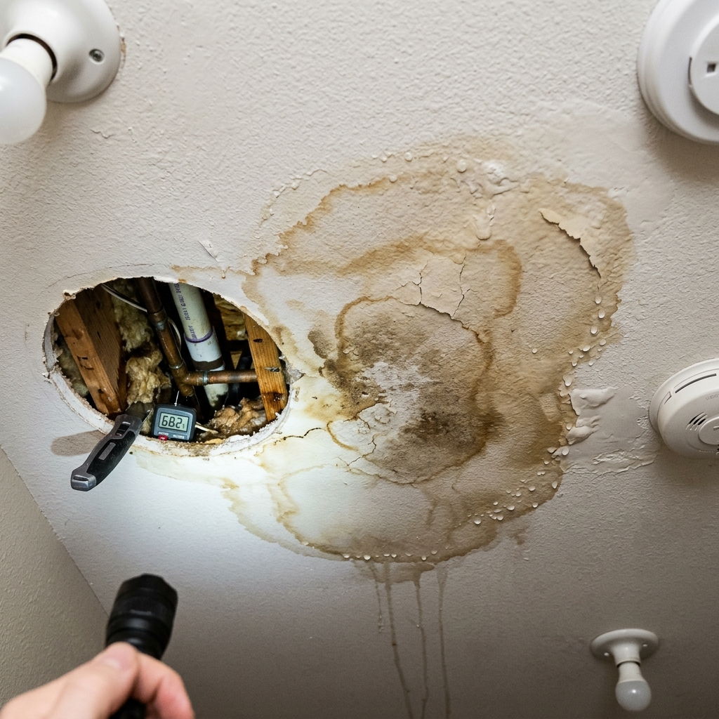 Investigating a ceiling water stain from a unit above in a multi-family building