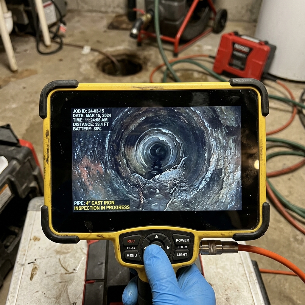 Sewer camera inspection feed showing the interior of a drain line